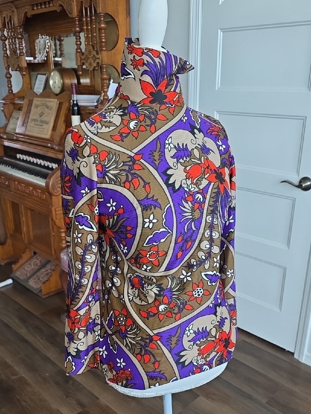 1960s Mod Turtleneck Floral Print Blouse in Purple and Brown